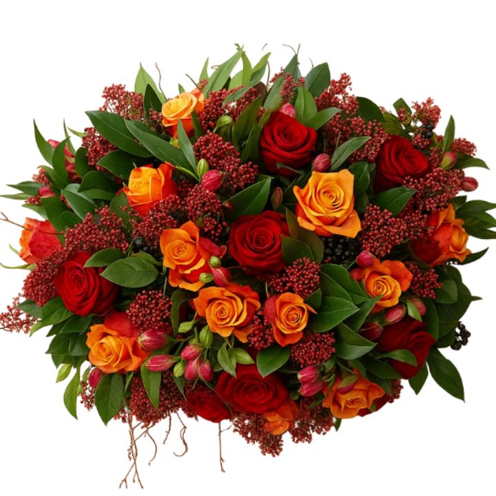 Luxury Autumn Rose Bouquet 1 Luxury autumn roses hand tied bouquet with vibrant red/orange roses, dark red hypericum berries, and rich green foliage.