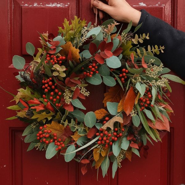 Oak & Eucalyptus Autumn Door Wreath 1 A detailed view of a lush, rustic oak and eucoliptus autumn door wreath with realistic green-to-brown foliage and small white berries.