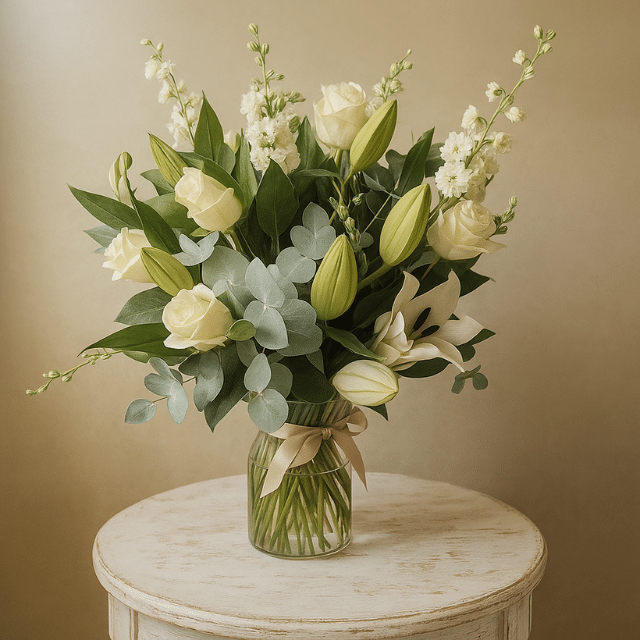 White Rose & Lily Vase 1 A hand-crafted white rose and lily bouquet arranged with fresh green leaves in a soft natural light setting.