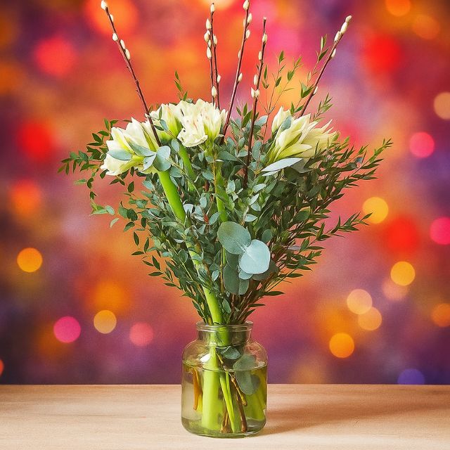 A beautiful white flower arrangements for Christmas featuring Amaryllis blooms, green eucalyptus, and natural willow sticks in a clear glass vase. White Amaryllis Bouquet for sale