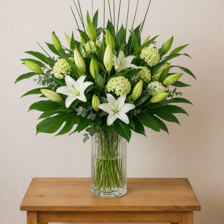 White Lily & Monstera Glass Vase 1 White Lilies in a Vase