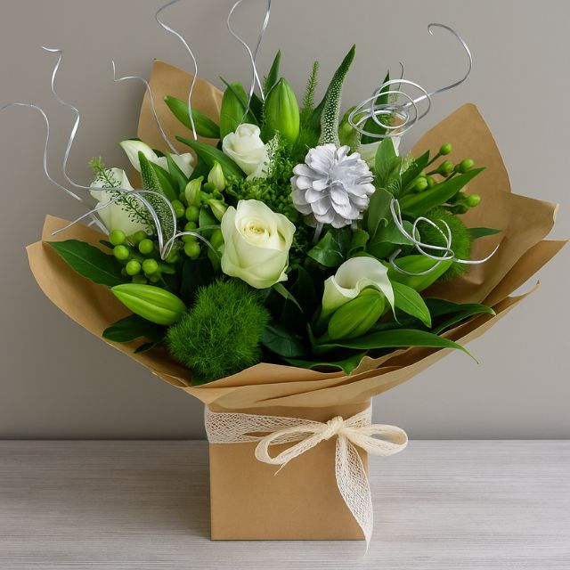 Blog 19 Hand-tied Christmas rose and lily bouquet with white flowers, green foliage, silver accents, and a pinecone in a brown kraft gift box. Christmas bouquet delivery