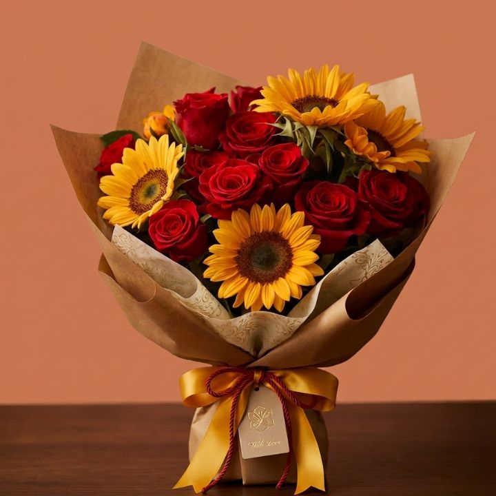 Red Rose & Sunflower Bouquet 1 Vibrant sunflower and rose bouquet arranged with fresh greenery in a stylish floral display.