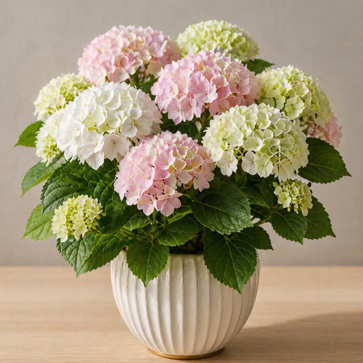 White Hydrangea Plant in Stone Pot 1 white hydrangea plant