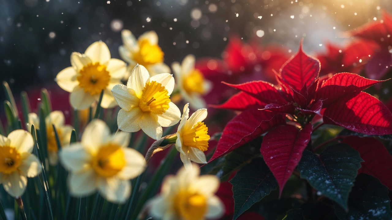 Blog 11 December birth flower featuring vibrant narcissus and poinsettia blooms with fresh petals and green leaves
