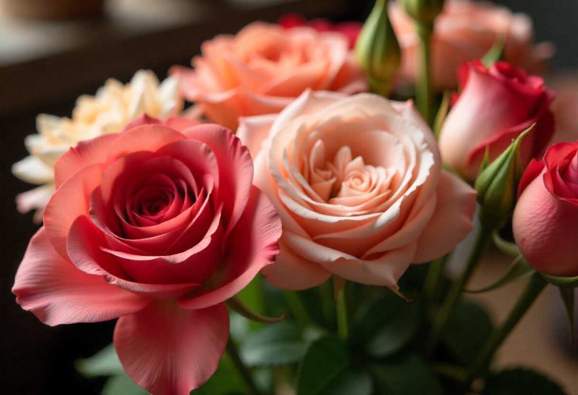 How Much Does a Flower Bouquet Cost 2 A close-up view of fresh pink, peach, and coral roses and other assorted flowers being arranged in a florist's studio, illustrating the elements that determine the Flower Bouquet Cost.