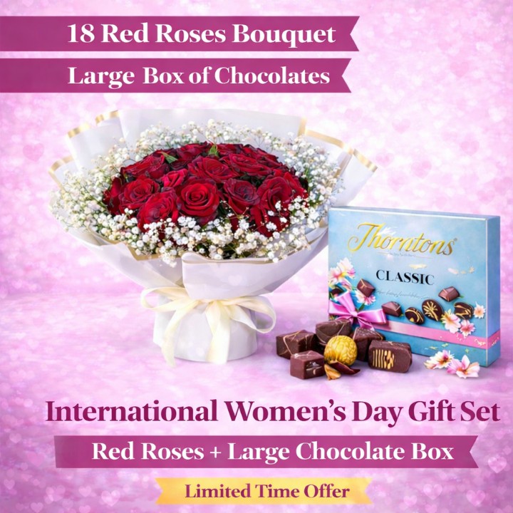 Red Roses & Chocolate Gift Set 1 Women's Day Red Roses and Chocolate Gift Set featuring 18 fresh red roses and premium Thorntons chocolates, perfect for celebrating and showing appreciation. Perfect Women's Day Gift Set