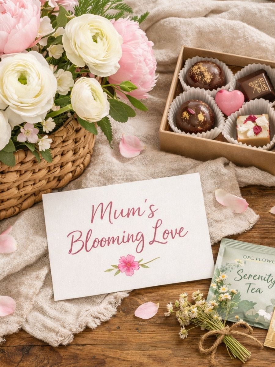Blog 28 Elegant Mother's Day decorations featuring a central floral arrangement with pastel roses and peonies on a wooden table.