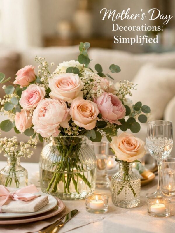 Elegant Mother's Day decorations featuring a central floral arrangement with pastel roses and peonies on a wooden table.