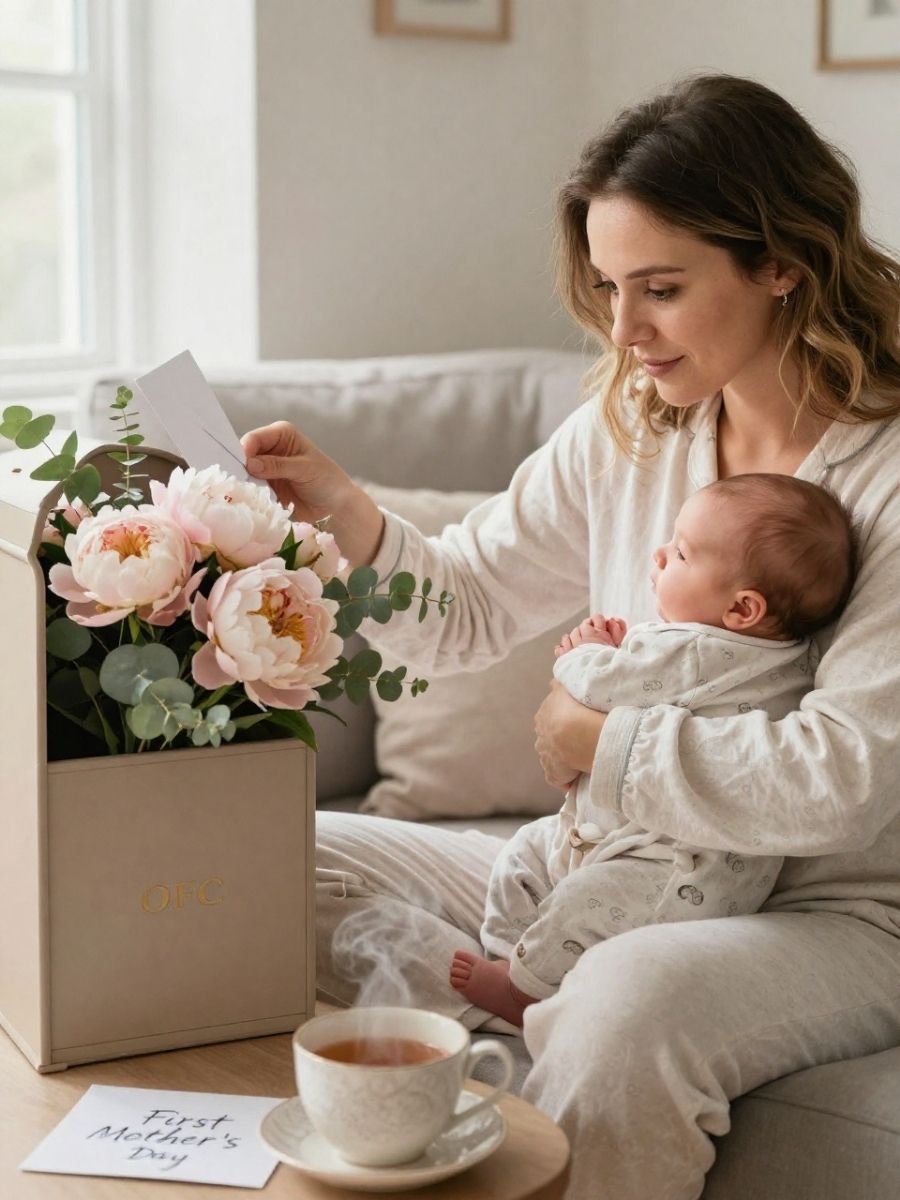 Blog 25 Best Mother's Day gifts: New mum with peony bouquet