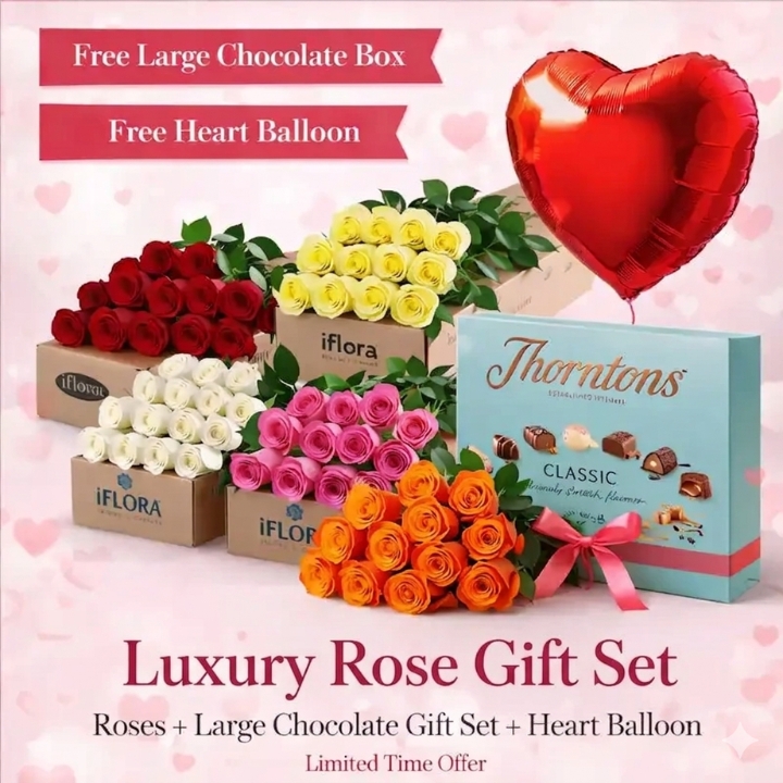 Luxury Rose Gift Set with Chocolate & Balloons 1 Luxrury rose gift set with large chocolate box and balloon