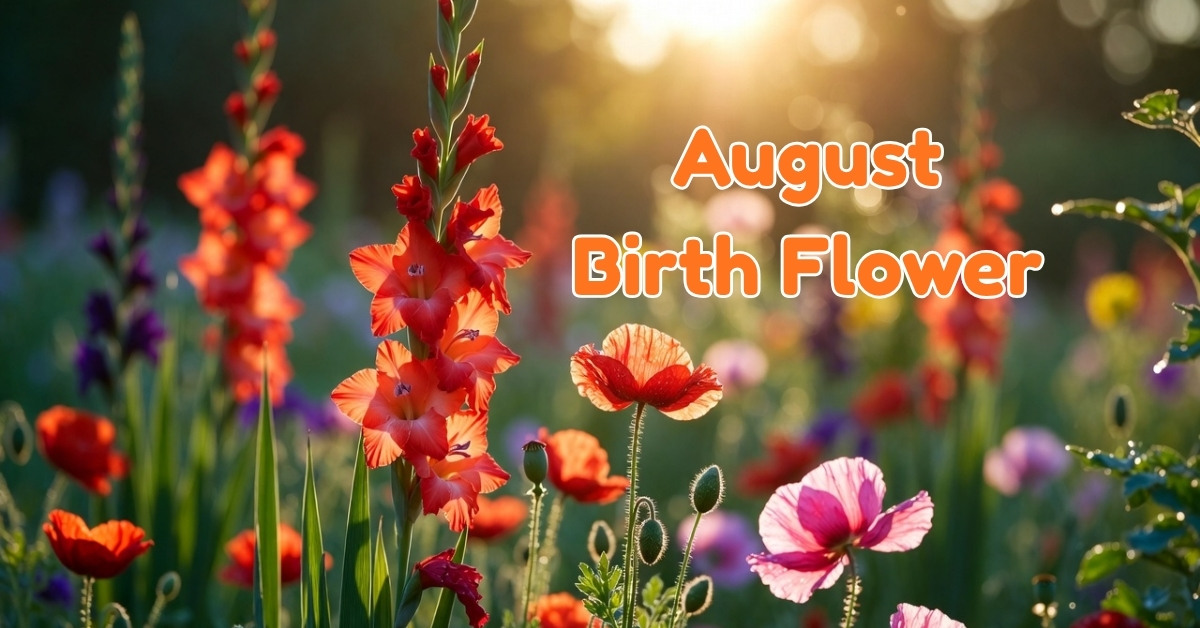Blog 4 Tall colorful gladiolus stalks and vibrant poppies representing the primary August birth flowers in a sunny field.