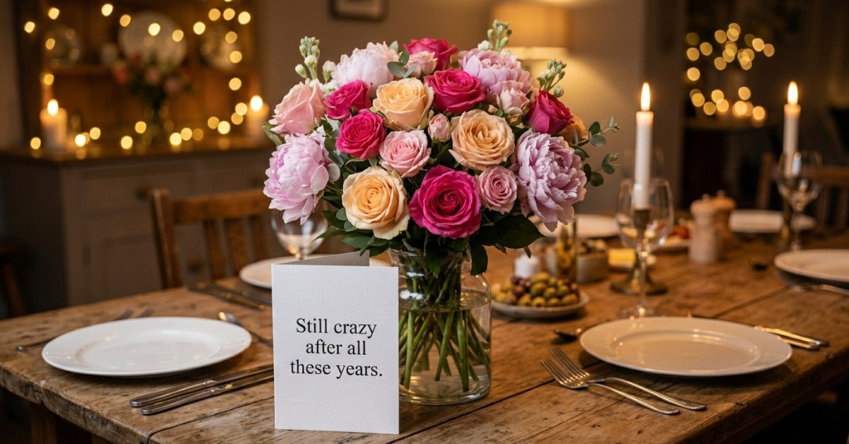 Red roses pink peonies anniversary bouquet with romantic card message UK