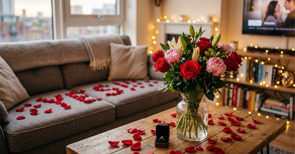 Red roses peonies lilies proposal flowers at home UK living room setup